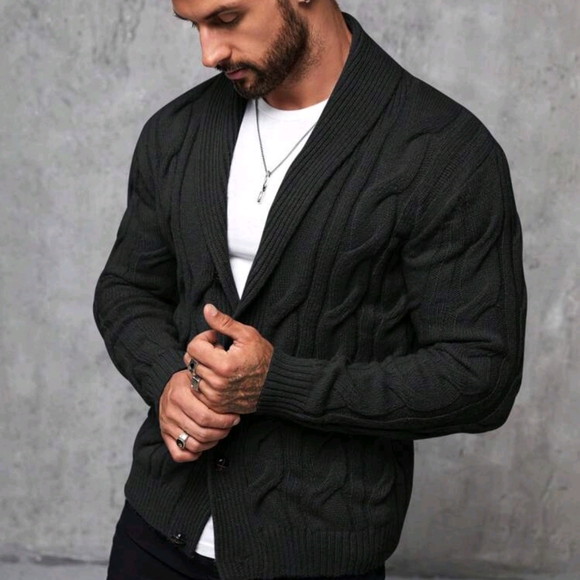 Men Shawl Collar Cable Knit Cardigan - Picture 4 of 6